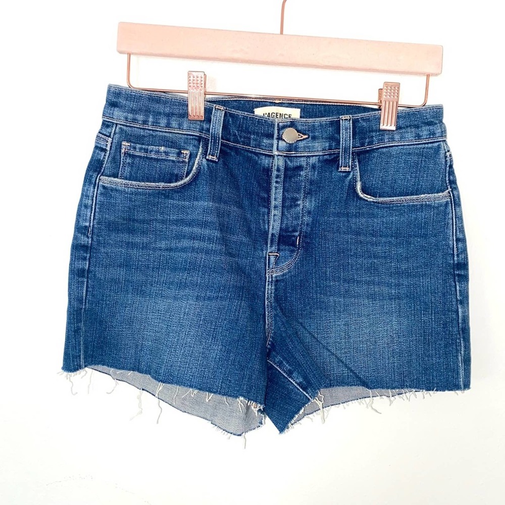 L’agence cute denim raw hem button fly shorts size 25 0031